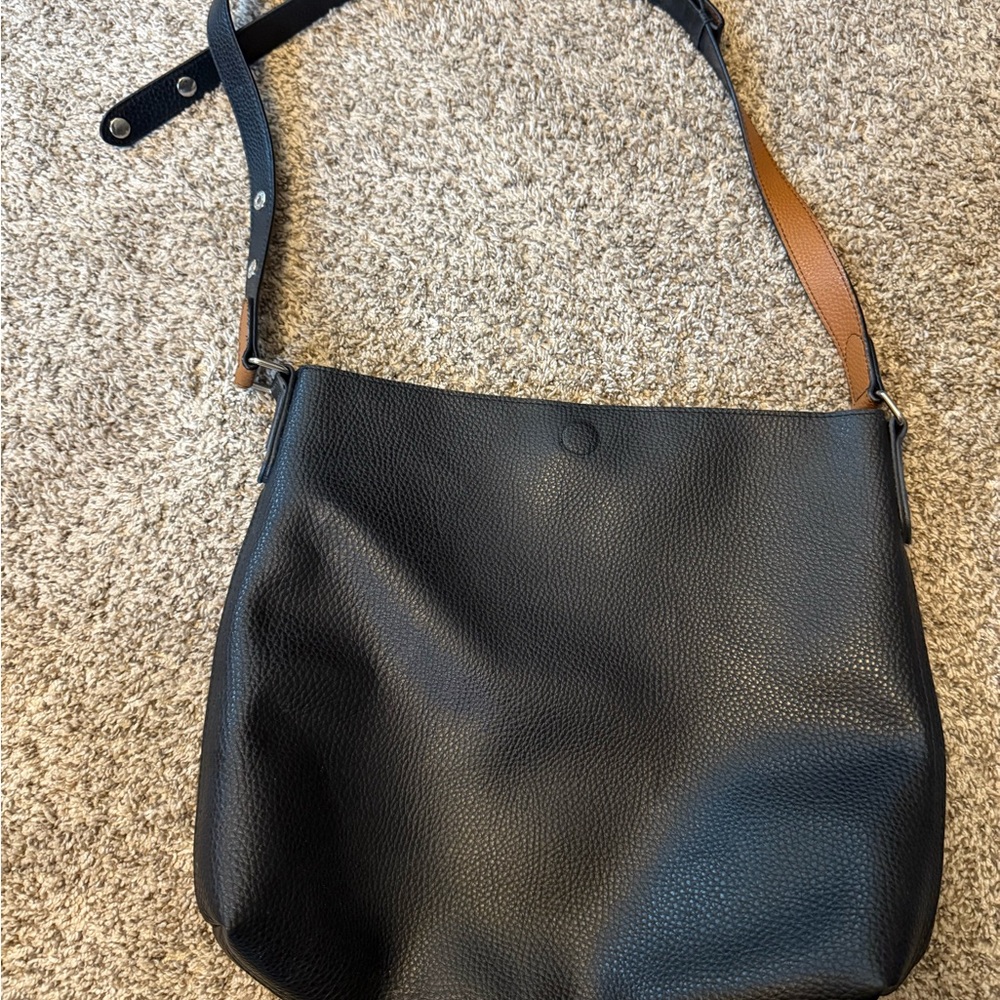 Faux Pebble Leather Black and Tan Reversible Shoulder Bag